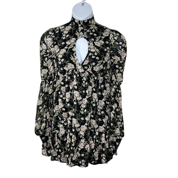 Nasty Gal Black Floral Boho Mini Dress Balloon Sleeve Size 6 - Picture 2 of 16